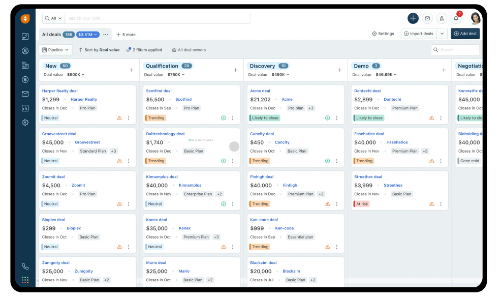 Freshsales deals kanban board grouped by pipeline stage with deal values