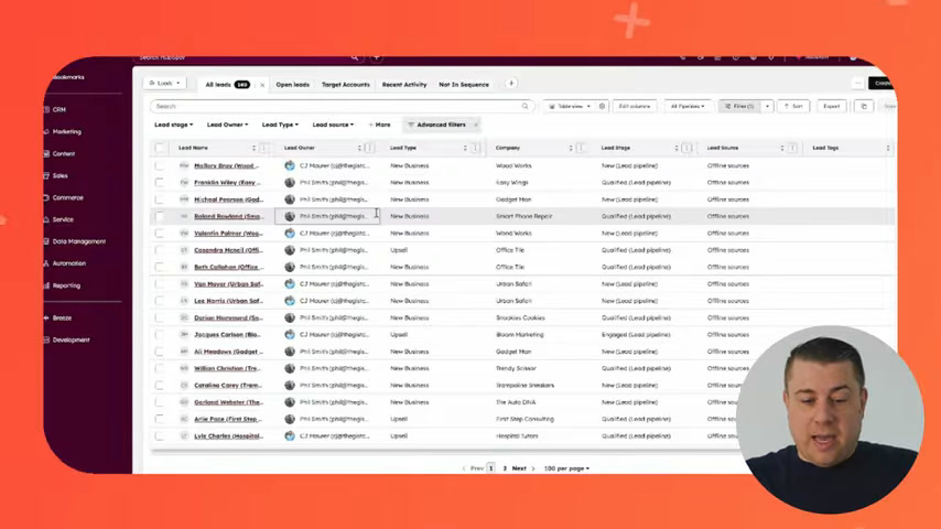 HubSpot Sales Hub open leads list showing lead stage, owner, and company columns