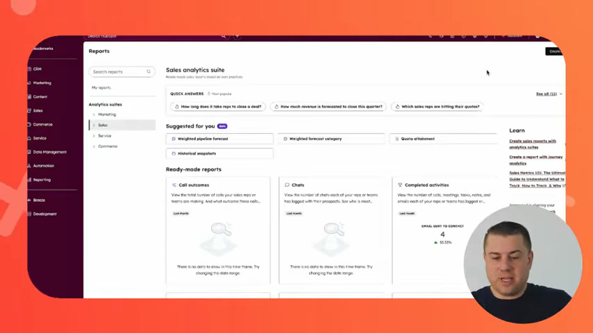 HubSpot Sales Hub analytics suite with reporting and suggested insights