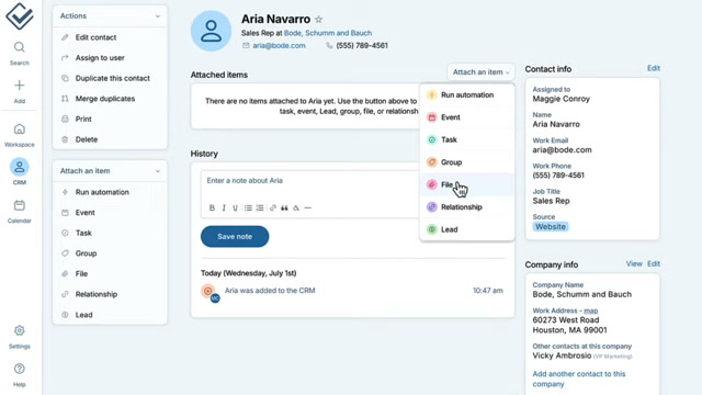 Less Annoying CRM contact detail page with an attach-item action menu open