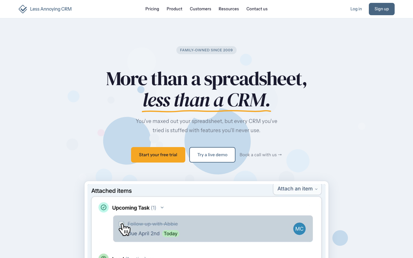 Less Annoying CRM workspace showing contacts, pipeline, and tasks in a clean single-screen layout