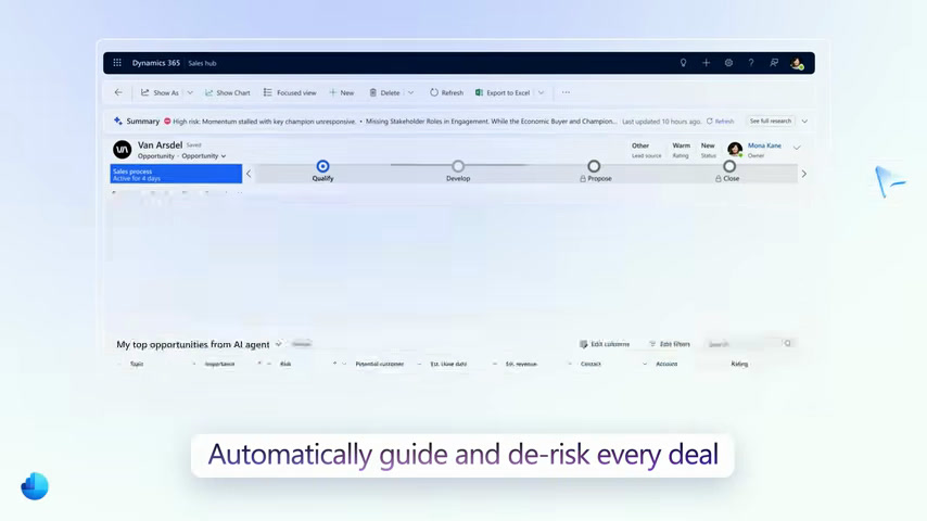 Microsoft Dynamics 365 Sales opportunity timeline with AI agent deal-guidance suggestions