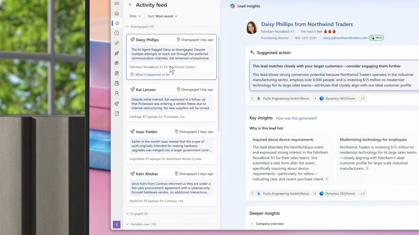 Microsoft Dynamics 365 Sales activity feed with an AI-suggested next action on a lead
