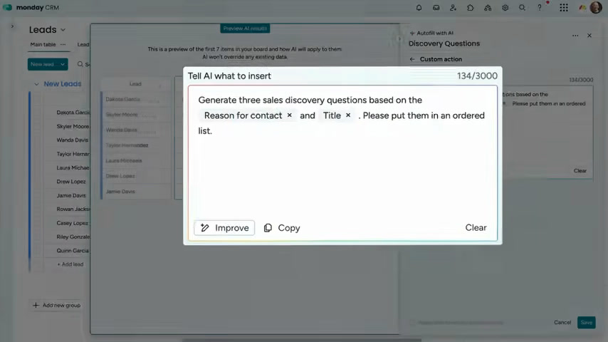 Monday Sales CRM AI assistant generating discovery questions over the leads board