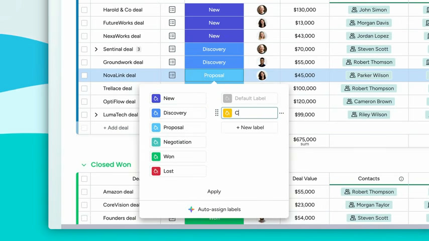 Monday Sales CRM deals board grouped by stage with colored deal labels