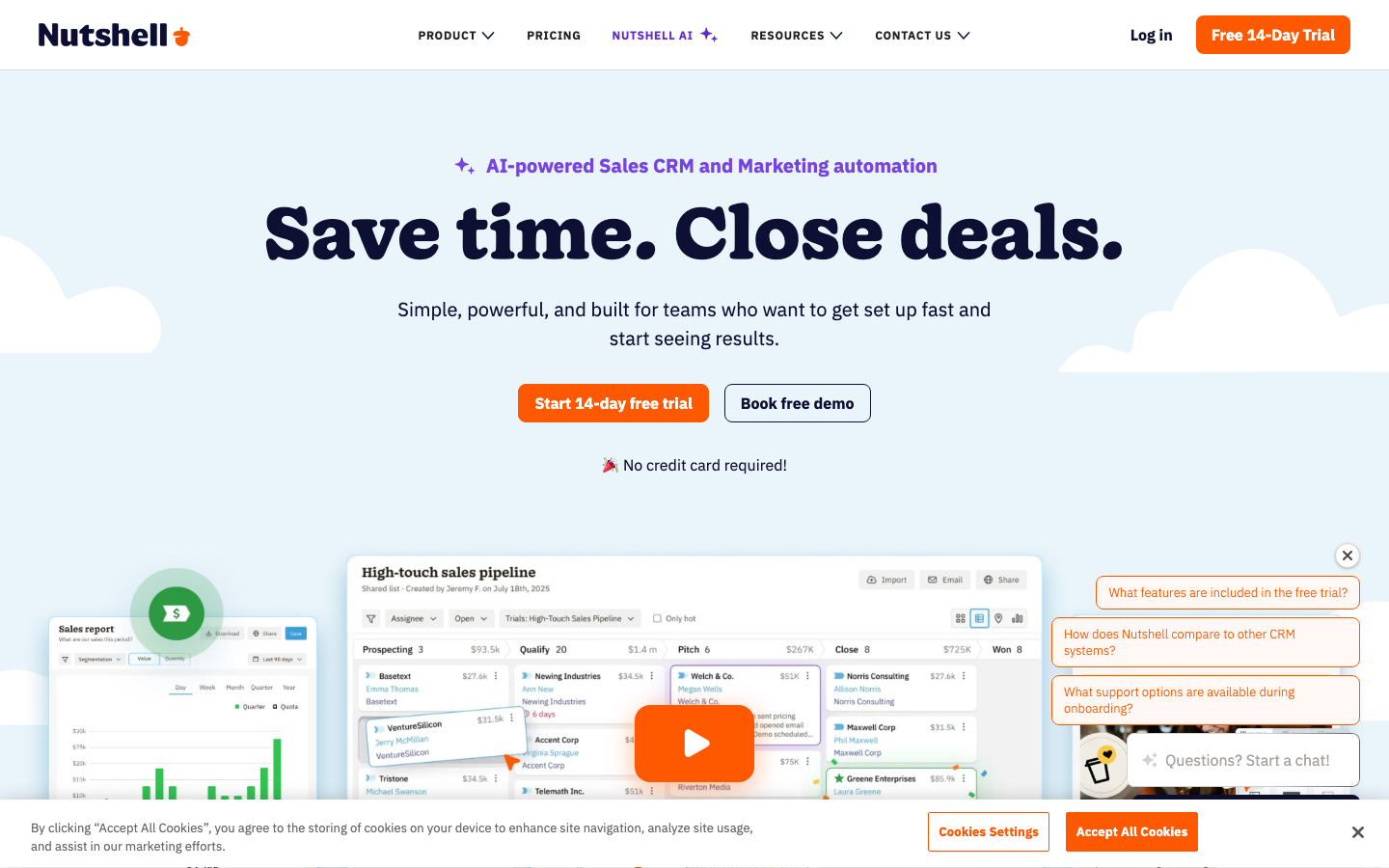 Nutshell CRM pipeline and reporting dashboard showing deal stages and activity timeline