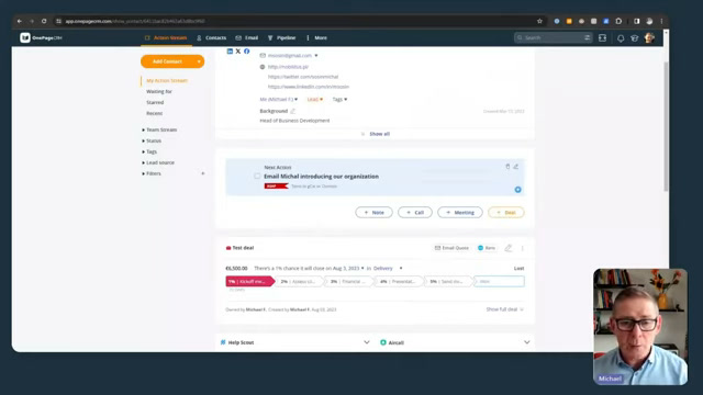 OnePageCRM deal detail page with activity timeline and linked contact