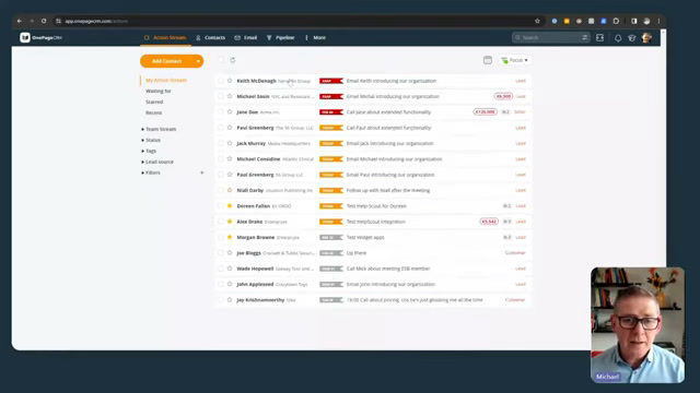 OnePageCRM contacts action stream showing next actions for each contact
