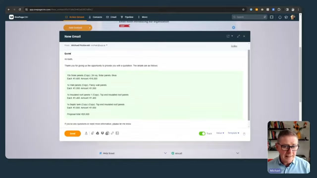 OnePageCRM new email compose window linked to a contact record