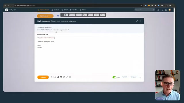 OnePageCRM bulk message compose screen for a selected contact list