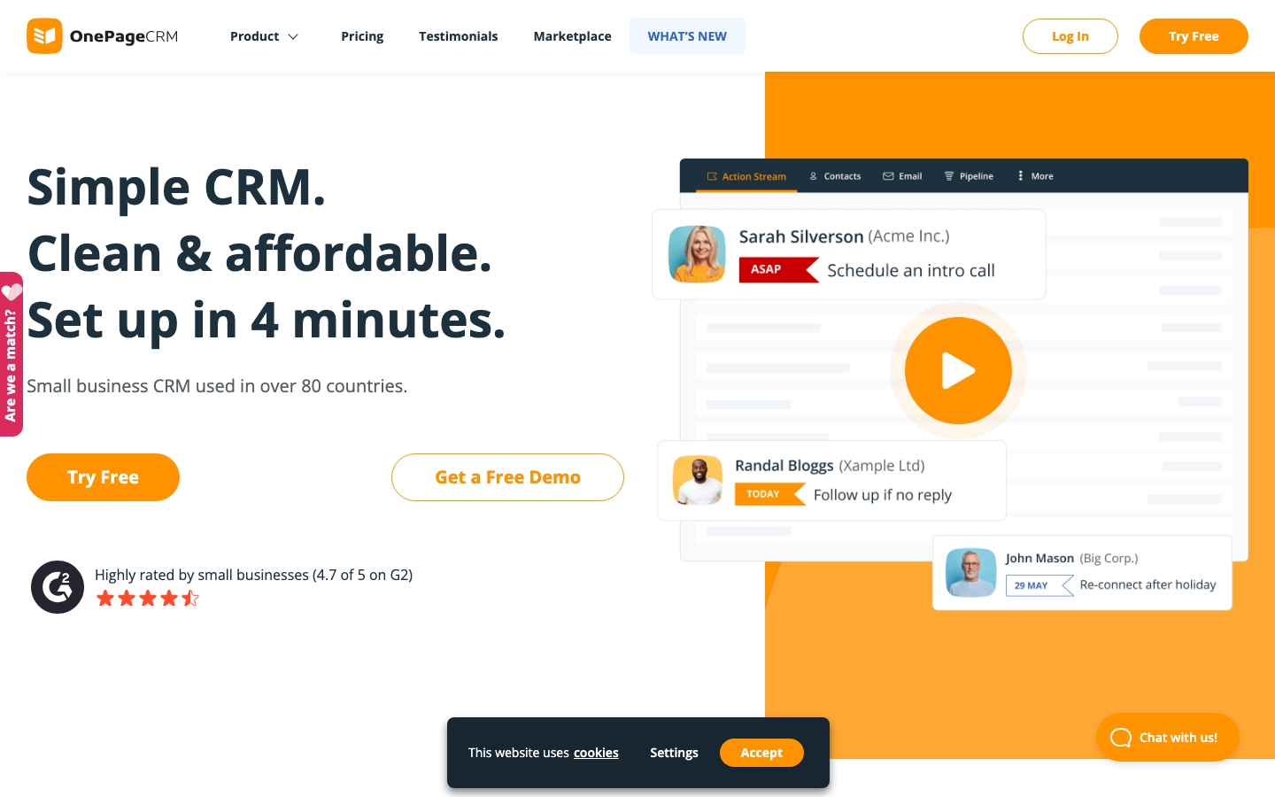 OnePageCRM action stream showing next action reminders, contacts, and deal pipeline
