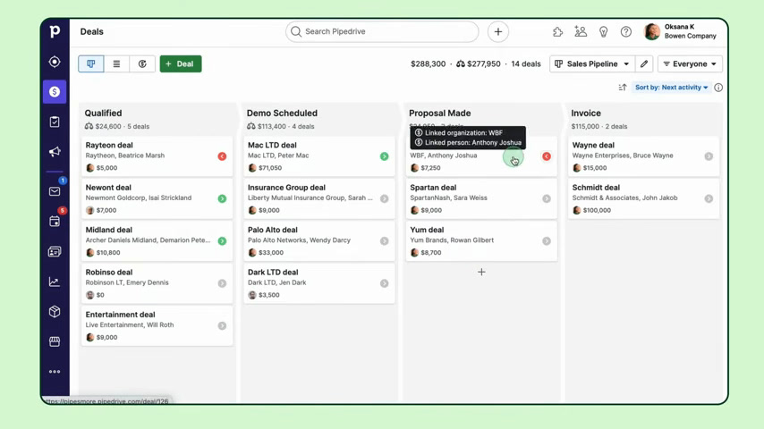 Pipedrive deals kanban board with Qualified, Demo Scheduled, and Proposal Made stages
