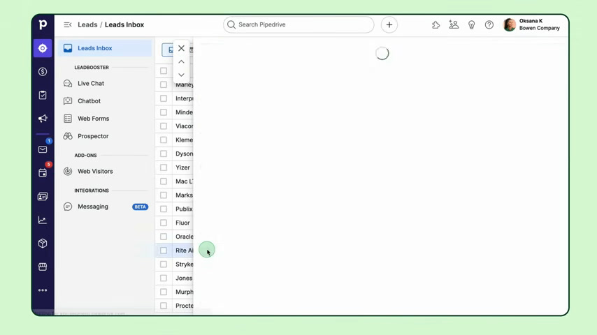 Pipedrive leads inbox showing incoming leads with chatbot, web forms, and messaging add-ons