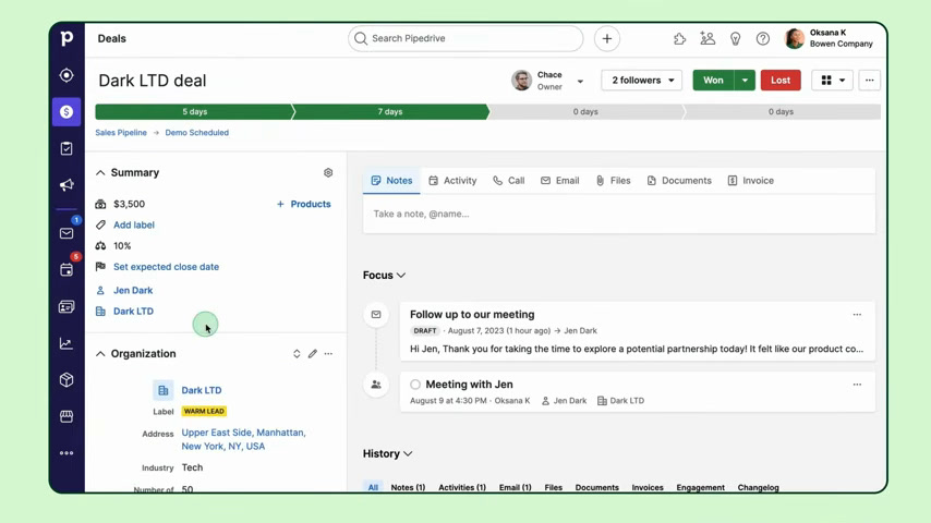 Pipedrive deal detail page with notes, activity timeline, and linked contact