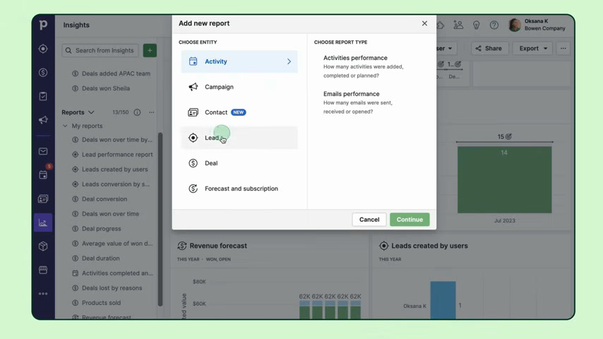 Pipedrive Insights report builder with activity, campaign, and deal report types