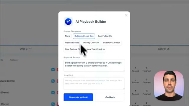 Salesflare AI Playbook Builder modal for generating an outbound sales sequence