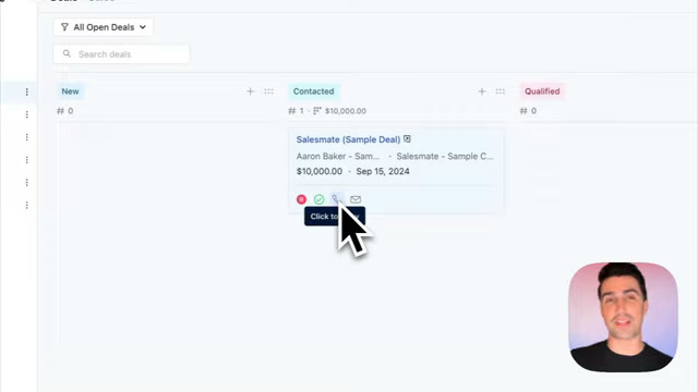 Salesmate deal detail card showing deal value, stage, and quick actions