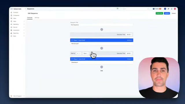 Salesmate sequence editor showing email and call steps in an outreach sequence