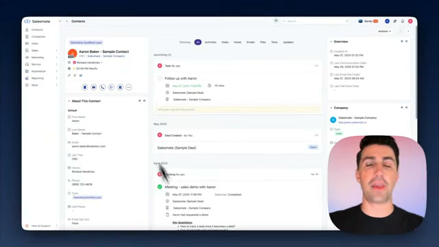 Salesmate contact detail page with activity timeline and linked deal