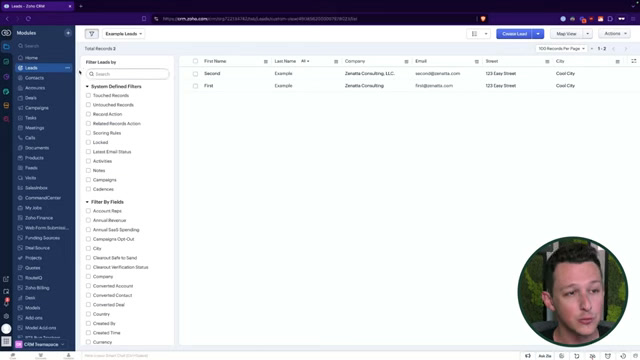Zoho CRM leads list with filters and the system-defined filter sidebar
