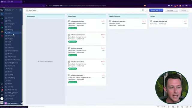 Zoho CRM open deals kanban board organized by deal stage