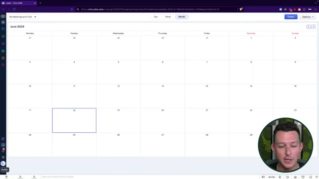 Zoho CRM calendar view showing scheduled meetings and calls