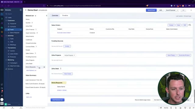 Zoho CRM deal detail page with related sales orders and funding source fields