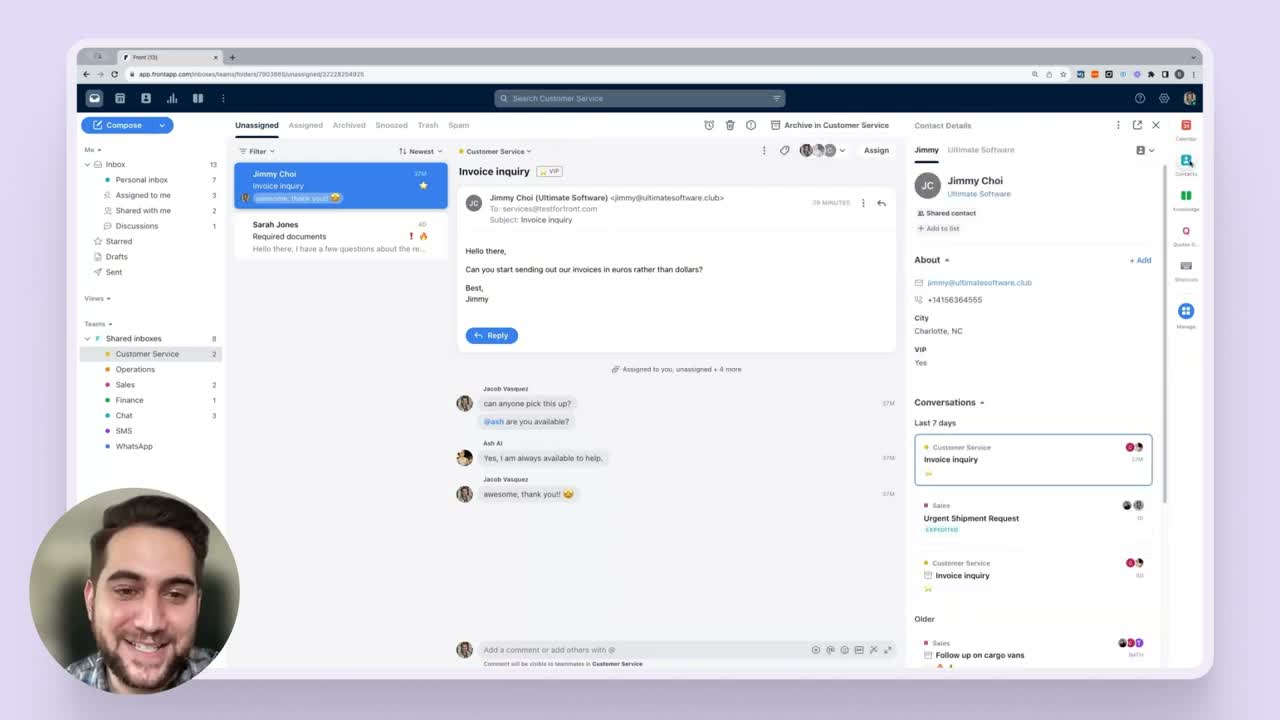 Front shared inbox showing team assignment workflow with conversation threads and collaboration panel