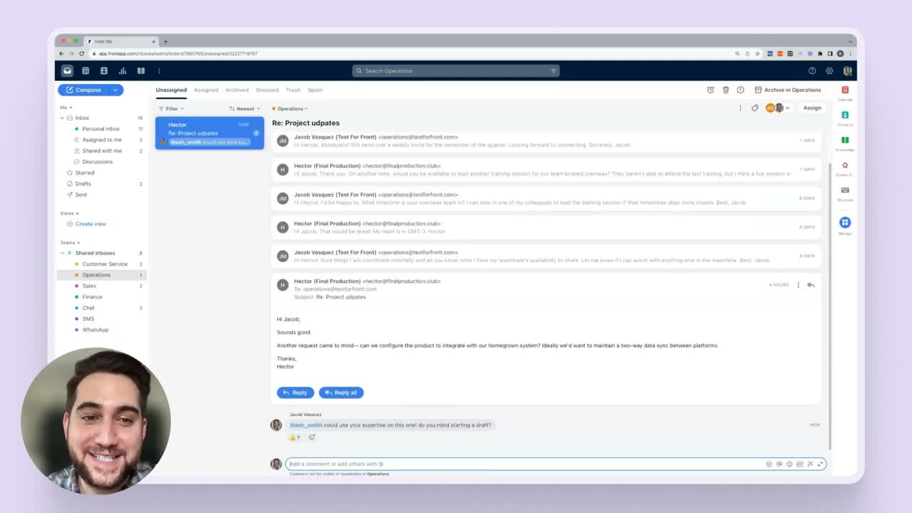 Front customer conversation thread showing multi-channel message history and internal comment sidebar