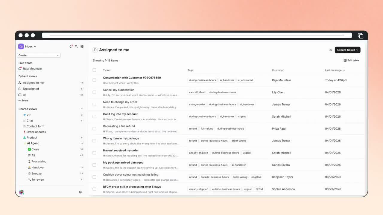 Gorgias ticket inbox with Shopify sidebar showing order data, customer purchase history, and quick action buttons
