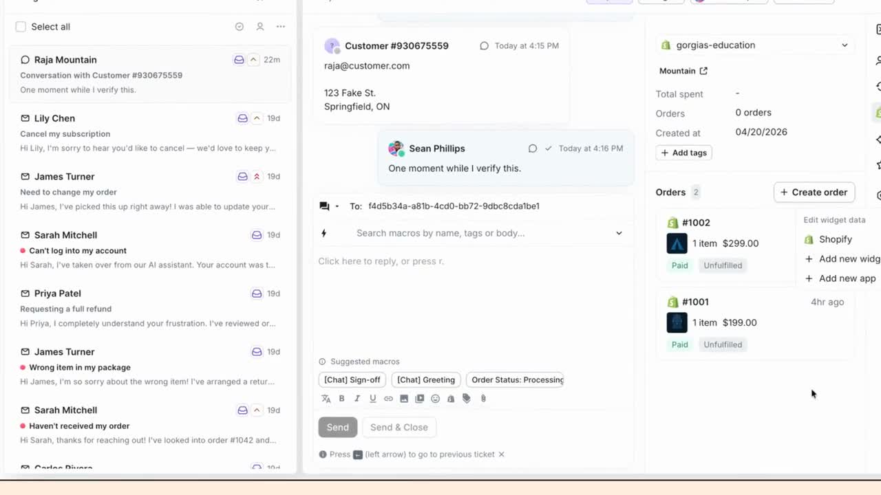 Gorgias macros and automation panel showing prebuilt response templates for common ecommerce support workflows