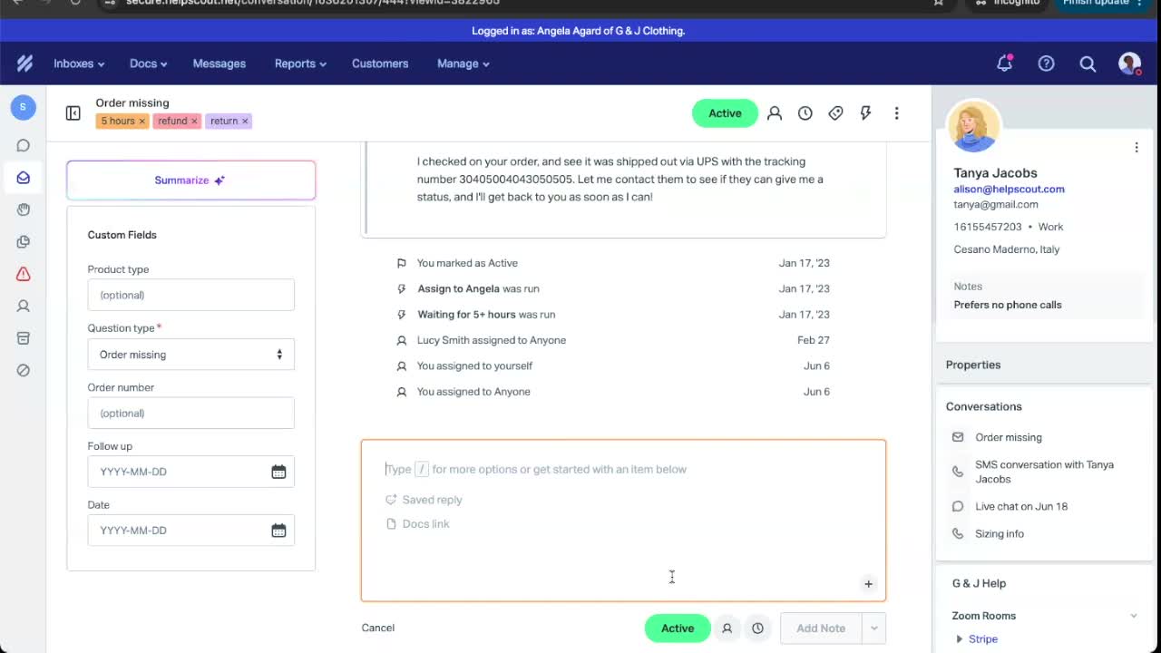 Help Scout customer profile sidebar showing contact history, previous conversations, and custom properties