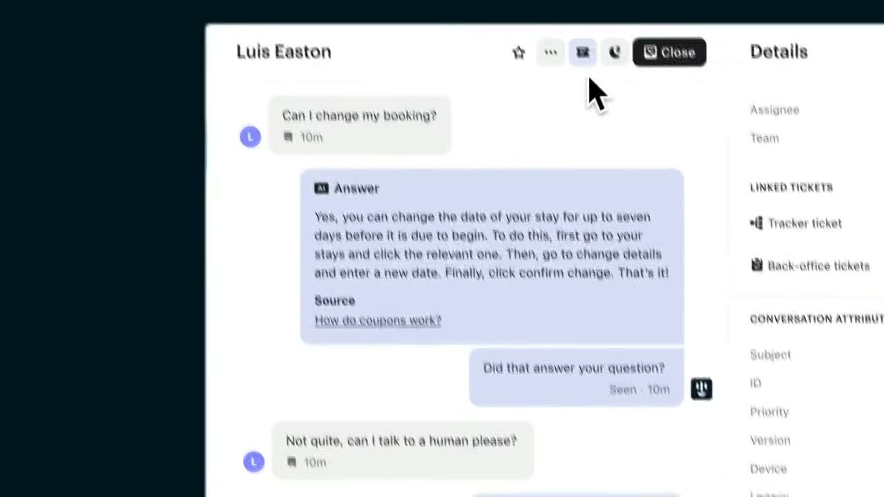 Intercom live conversation inbox showing active customer conversations with in-app context panel