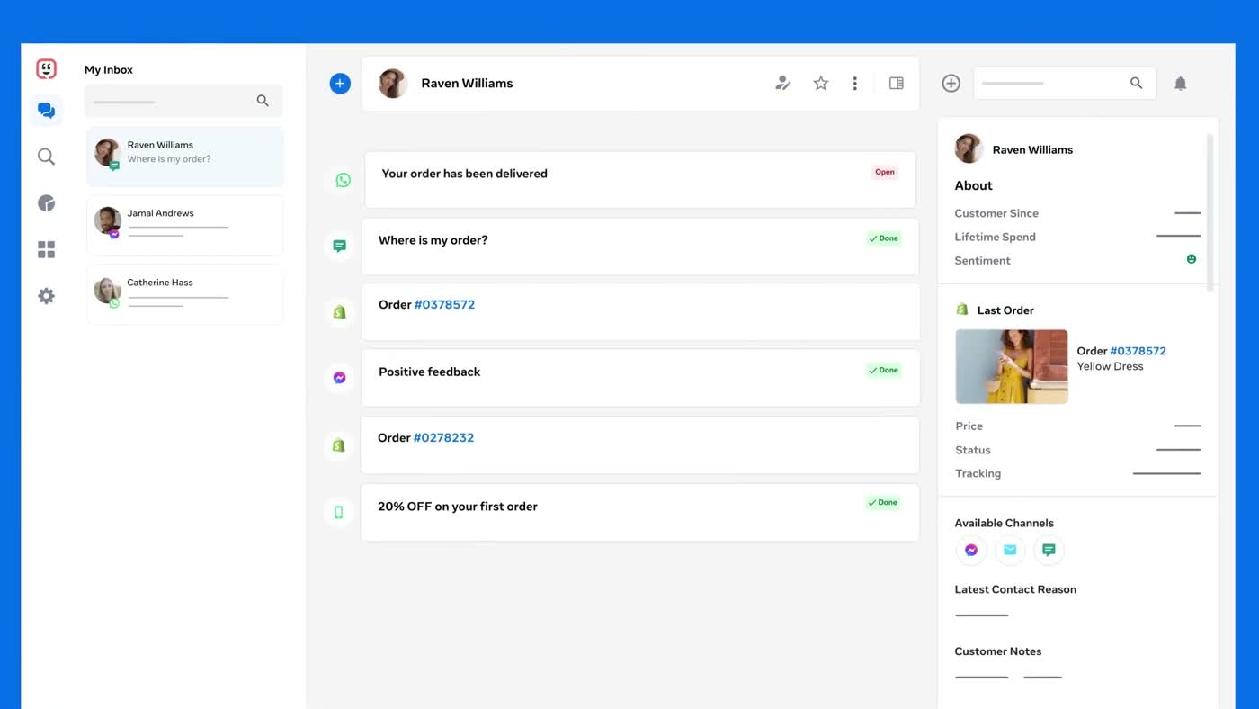 Kustomer unified customer timeline showing complete order history, support conversations, and account interactions in one scroll