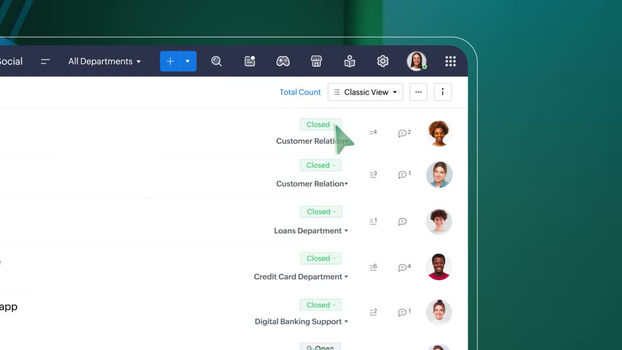Zoho Desk ticket management interface showing ticket list, priority filters, and department view