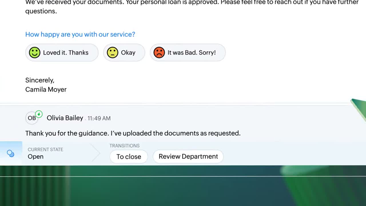 Zoho Desk omnichannel inbox showing unified view of email, chat, and social media customer tickets