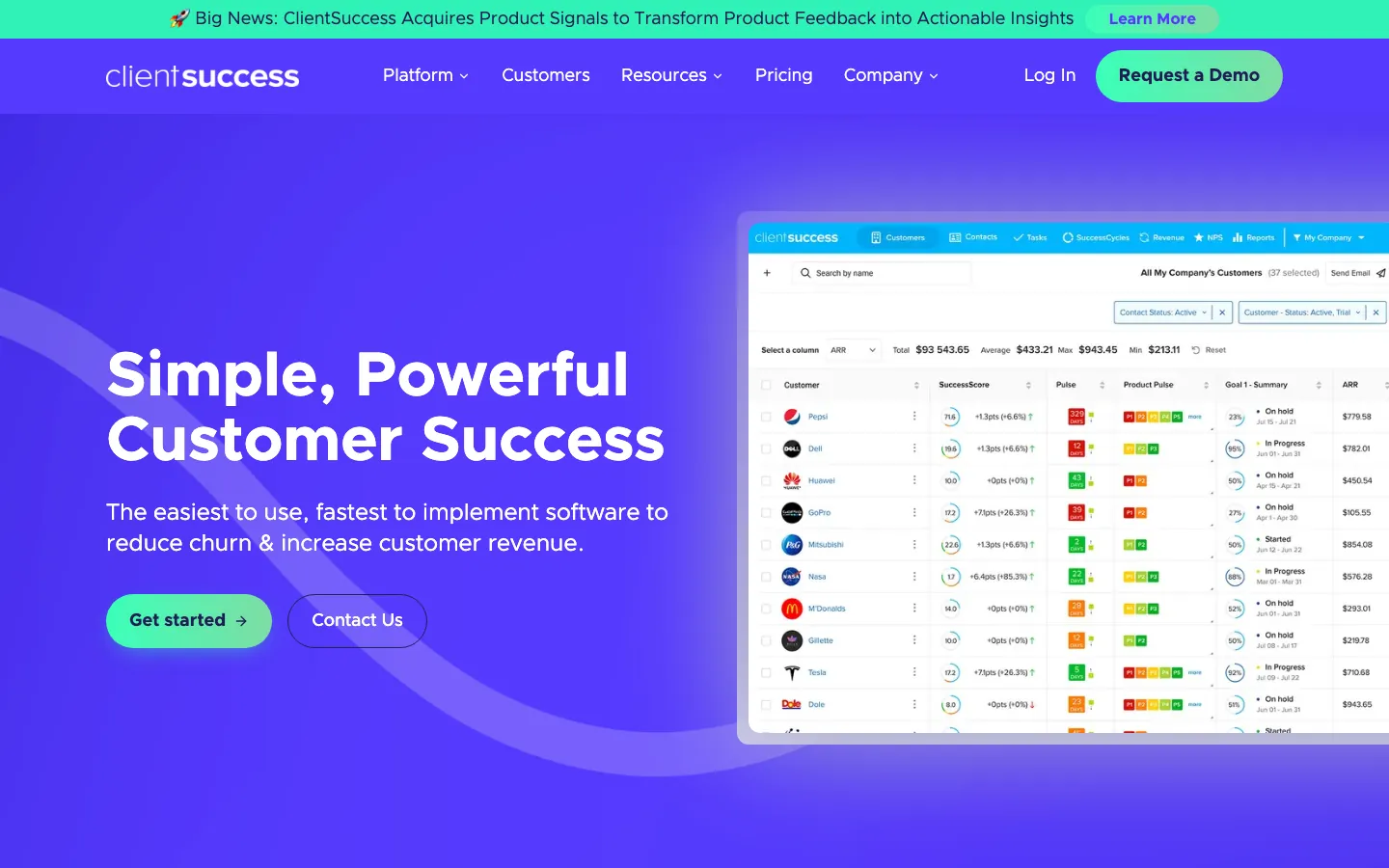 ClientSuccess homepage showing customer success management platform with renewal and health tracking