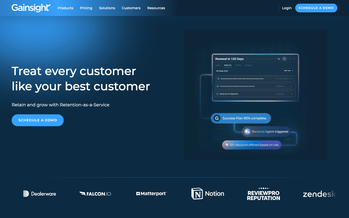 Gainsight homepage showing retention-as-a-service headline with health score UI previews