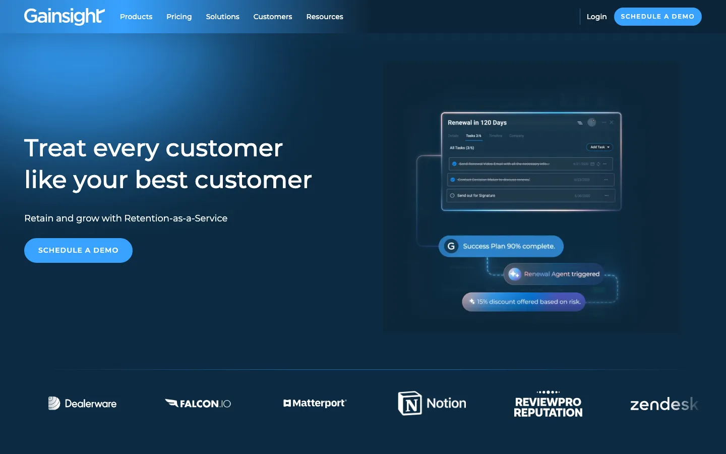 Gainsight homepage showing retention-as-a-service headline with health score UI previews