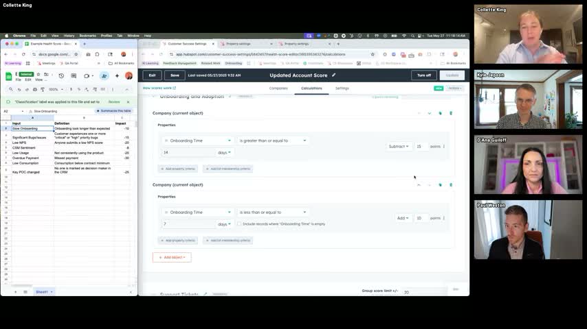 HubSpot Service Hub health score setup showing configurable scoring inputs using CRM properties, deal stage and service ticket data