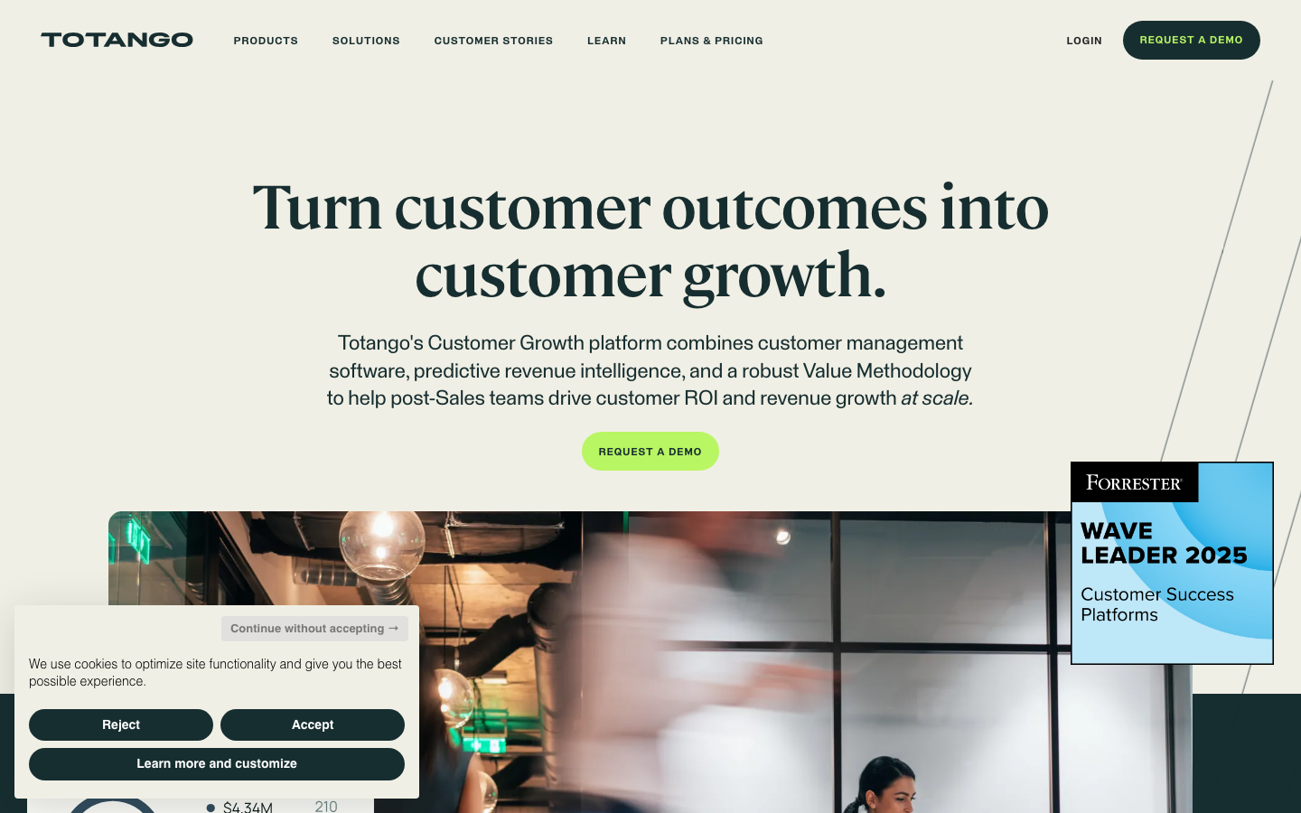 Totango homepage showing customer growth platform with predictive revenue intelligence and success methodology