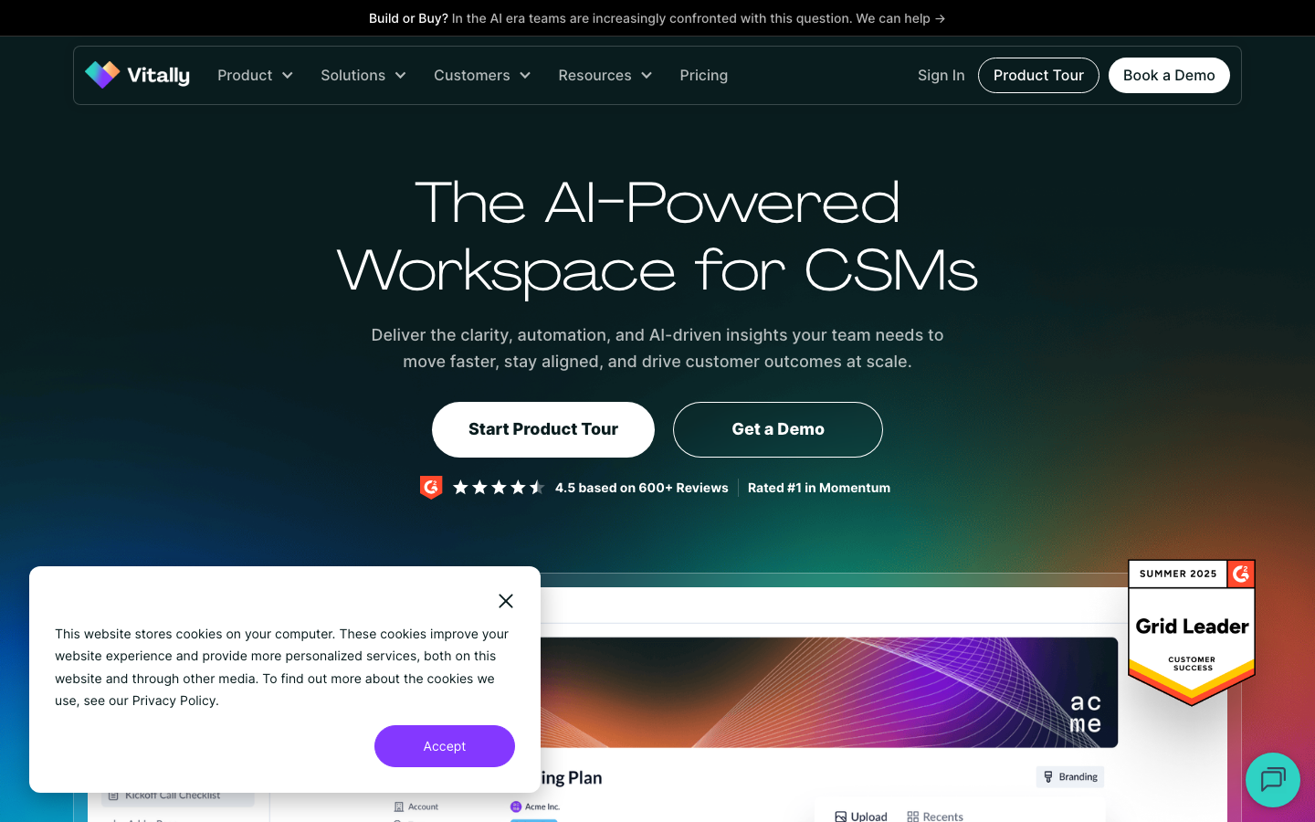 Vitally homepage showing AI-powered workspace for CSMs with customer health and automation features
