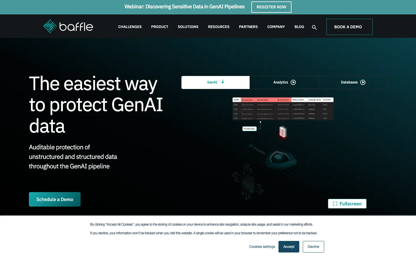 Baffle homepage showing application-layer data protection platform with no application code changes required