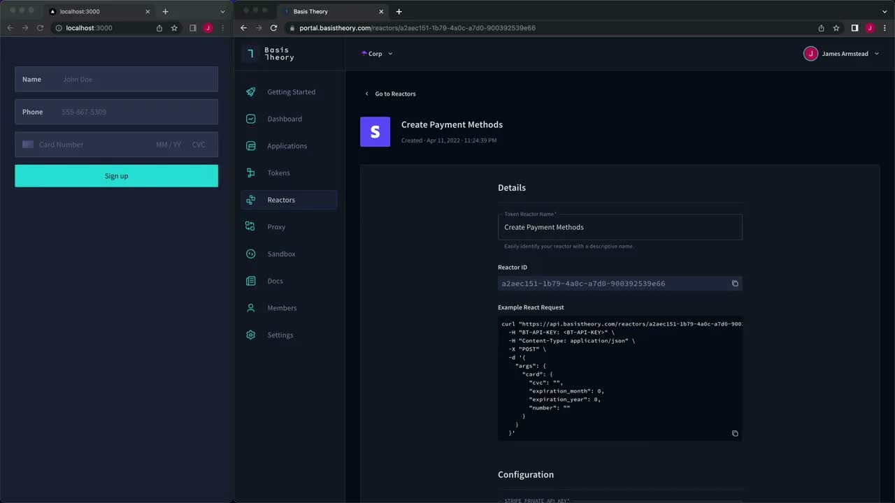 Basis Theory developer dashboard showing token vault, API keys, and reactor configuration panel