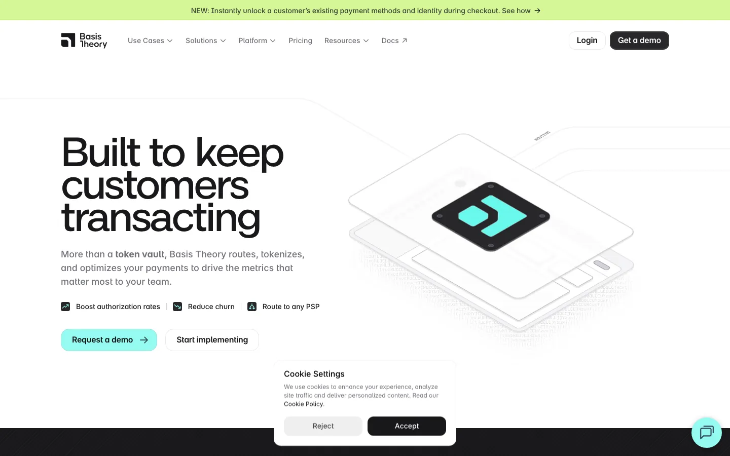 Basis Theory homepage showing developer-first tokenization platform with API-first design and transparent pricing
