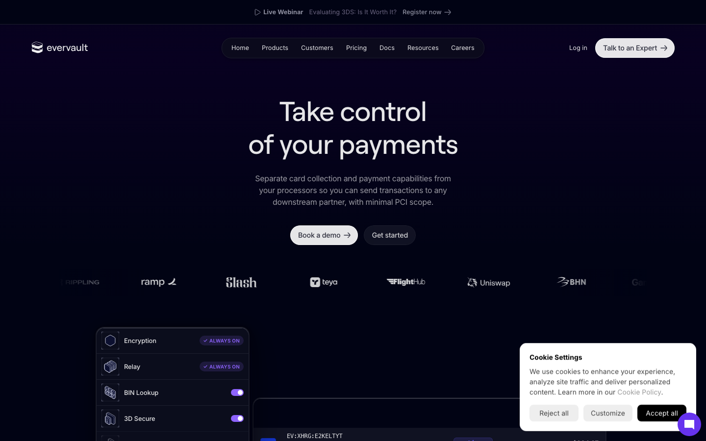 Evervault homepage showing payments-native data security platform with Enclaves, Relay, and token SDK for developers