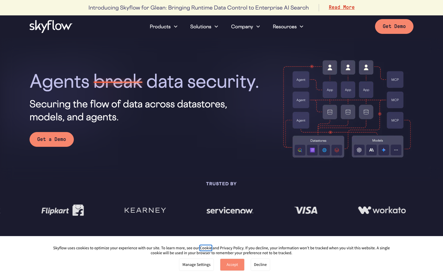 Skyflow homepage showing Data Privacy Vault architecture with structured PII isolation and governance controls