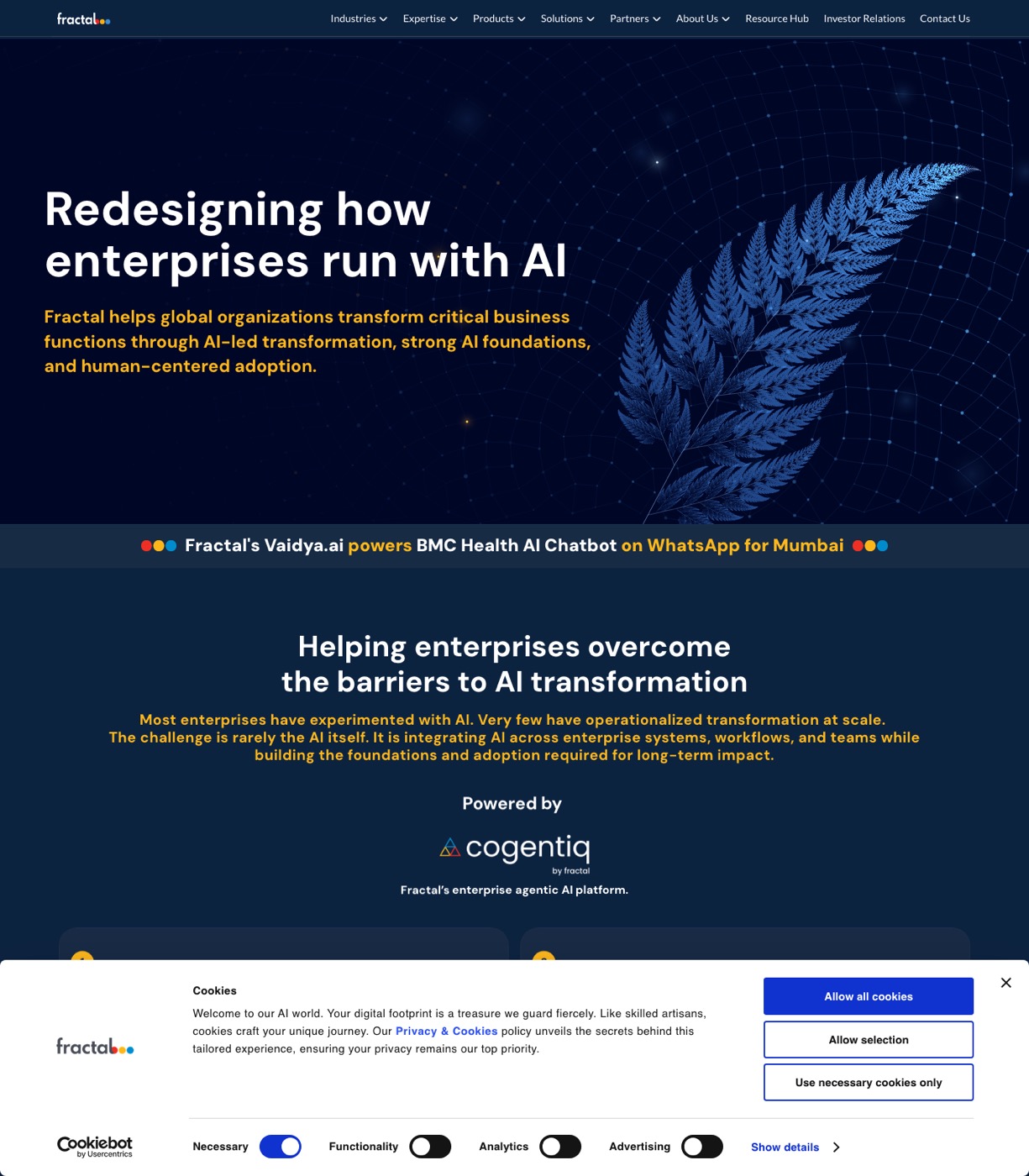 Fractal Analytics homepage showing its enterprise AI and analytics consulting positioning
