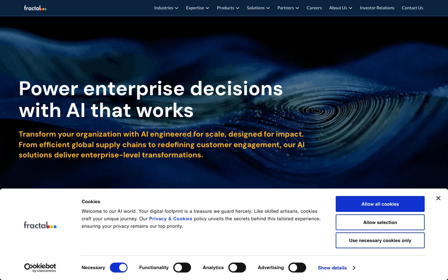 Fractal Analytics homepage showing enterprise AI and analytics consulting positioning