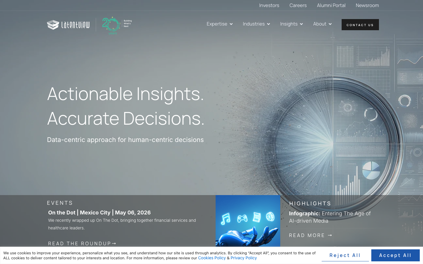 LatentView Analytics homepage showing business analytics and digital transformation consulting